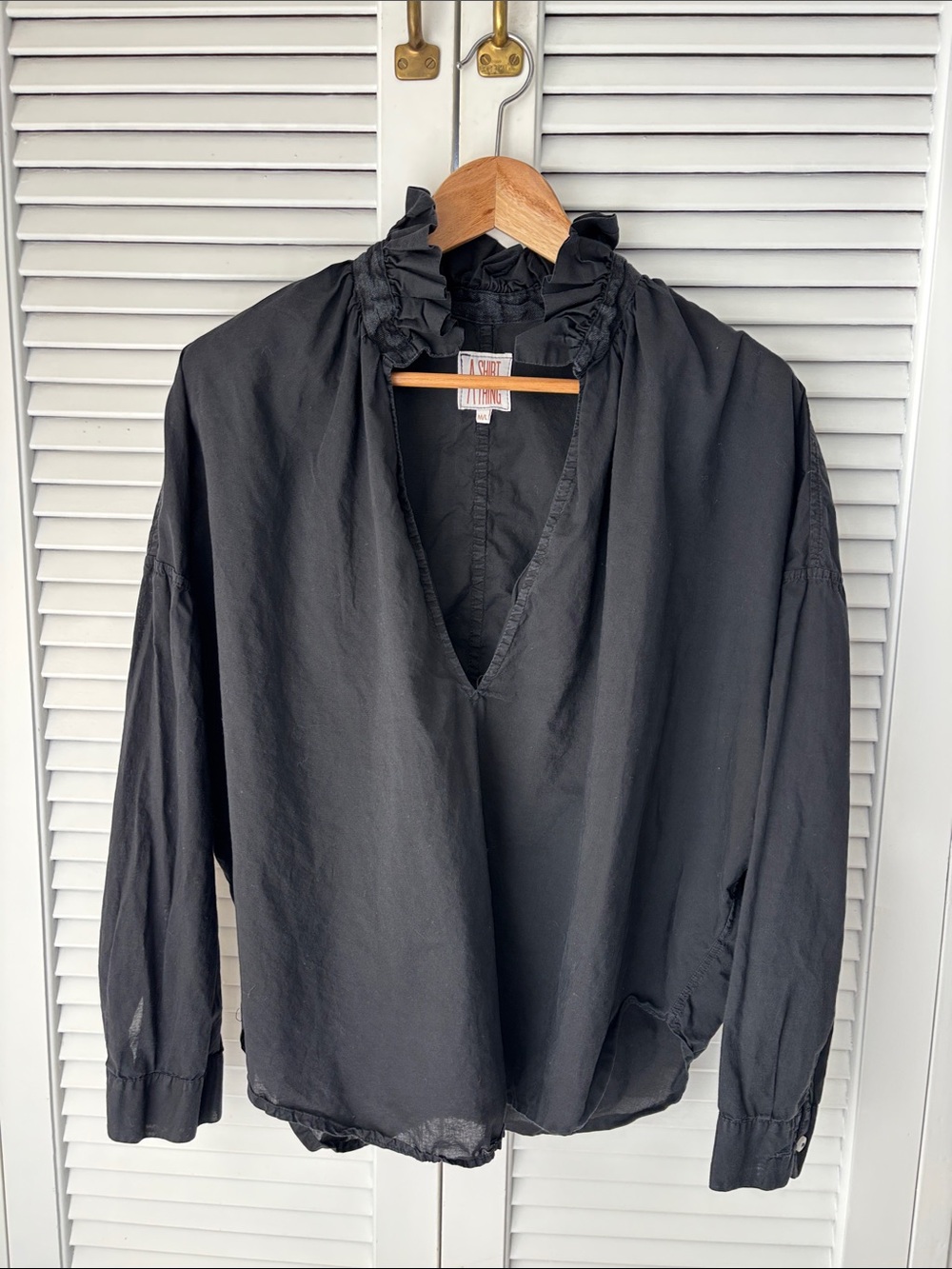 A Shirt Thing- Black Ruffled V-Neck Shirt M/L